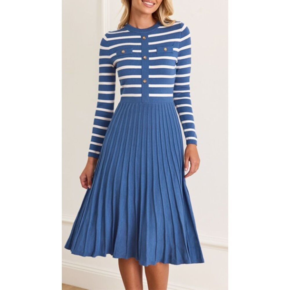 NEW Blue Sz Large Business Casual Stretchy Pleated Pullover Sweater Dress ZESICA